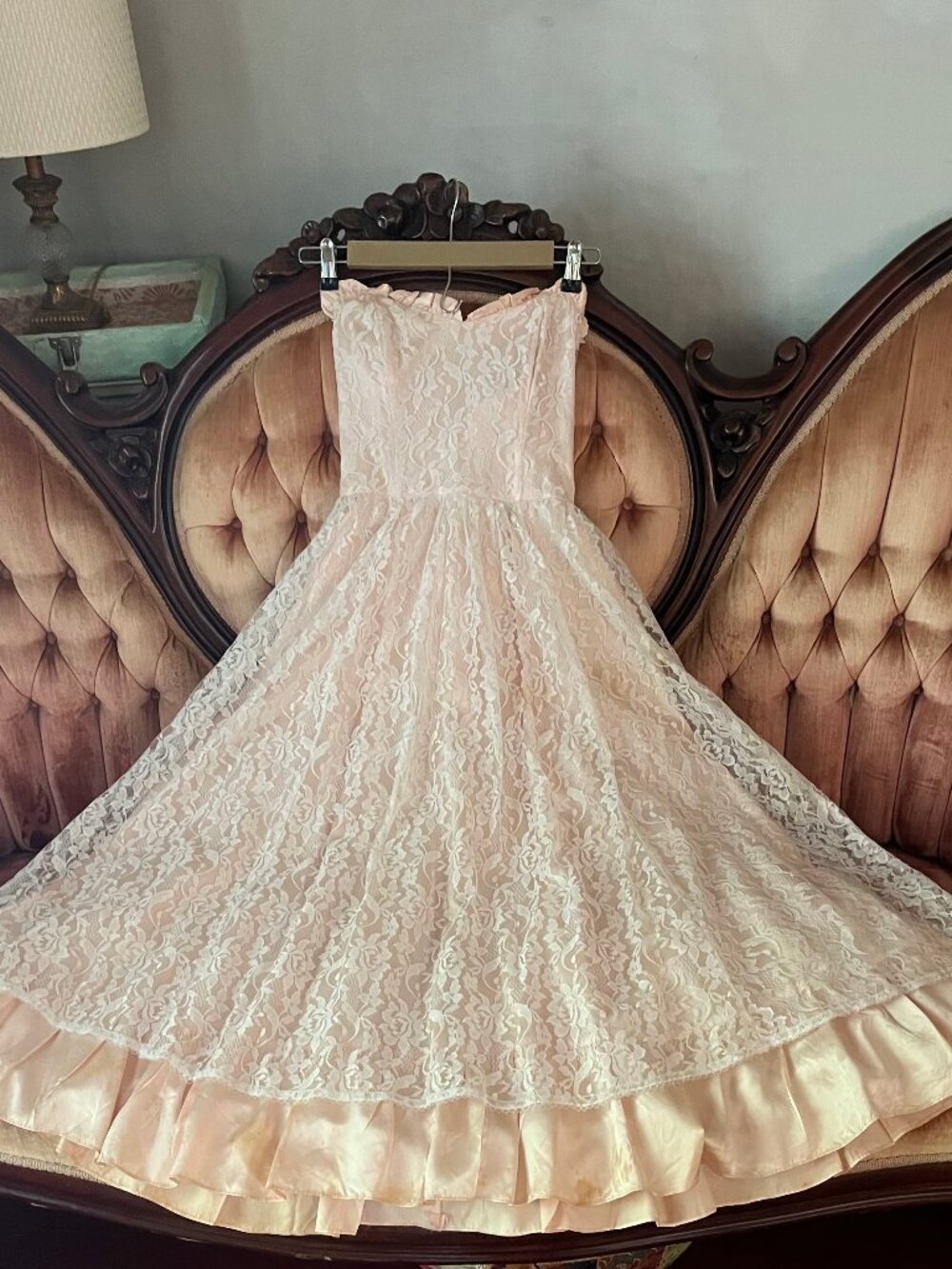 Vintage Jessica McClintock for Gunne Sax Blush Pink Satin Lace Strapless Dress